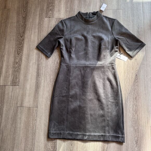 NWT Ann Taylor Dress Sz 8 Gray Faux Suede Mock Neck Short Sleeve Sheath MP $159 - Picture 2 of 15